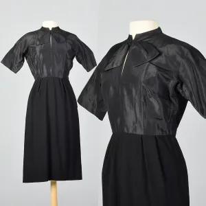 1950s Black Taffeta and Black Wool Dress