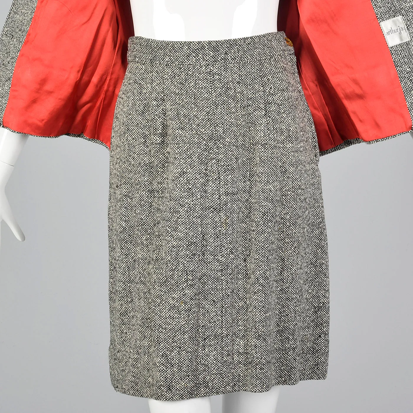 1960s Black and White Tweed Skirt Suit with Red Lining