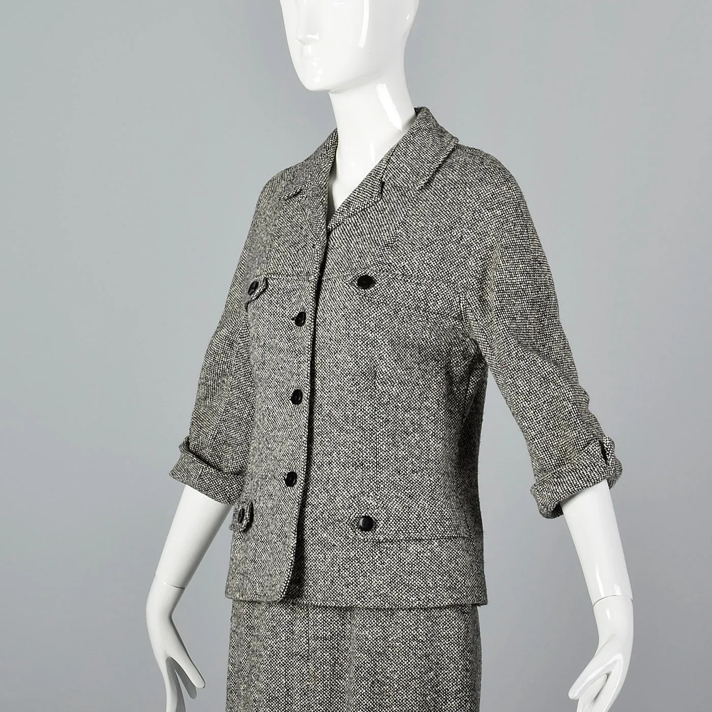 1960s Black and White Tweed Skirt Suit with Red Lining