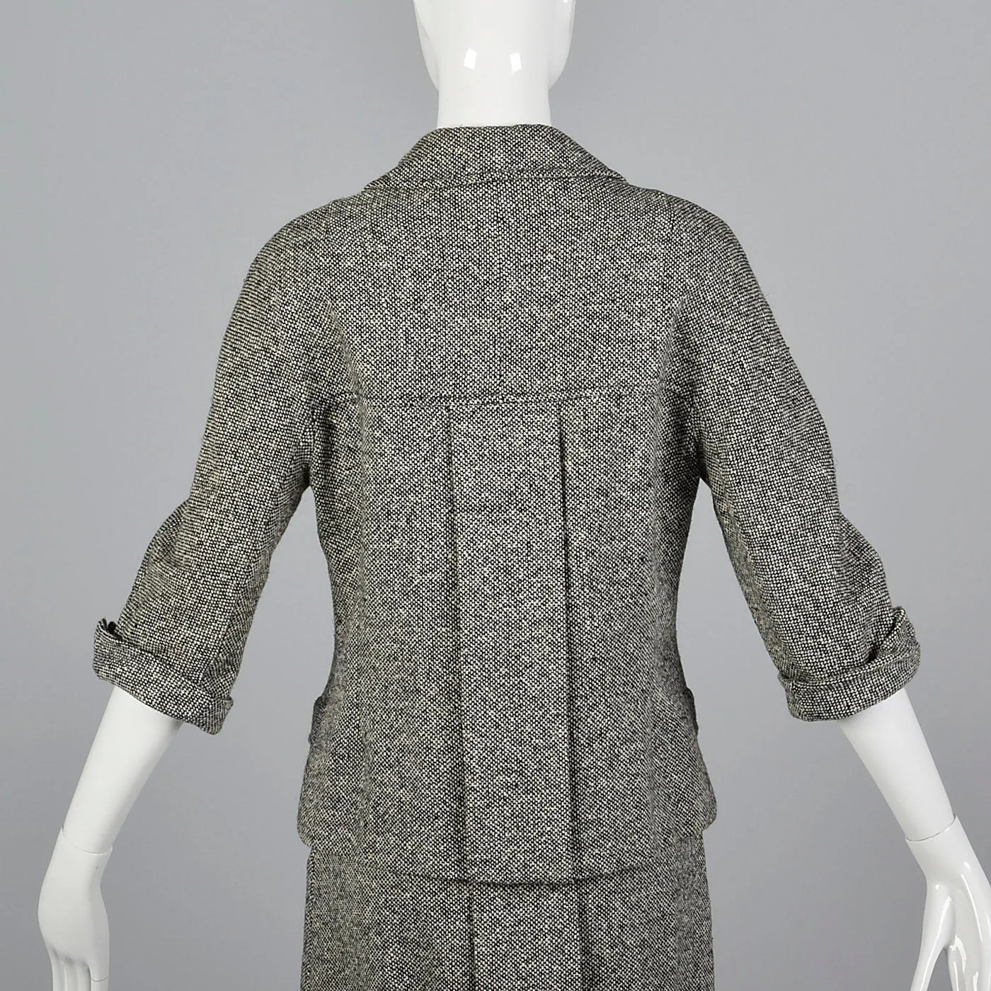 1960s Black and White Tweed Skirt Suit with Red Lining