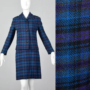 1960s Pendleton Wool Skirt Suit in Blue and Purple Plaid