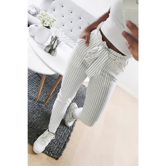 2018 New Striped OL chiffon high waist harem pants women stringyselvedge summer style casual pants female trousers