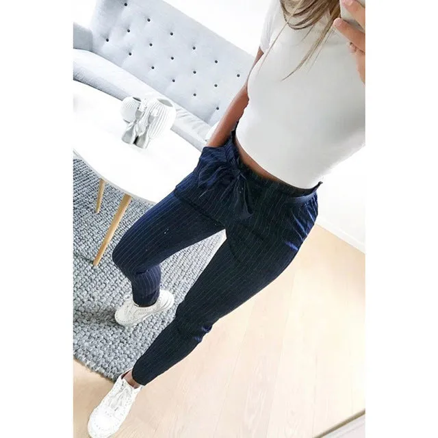 2018 New Striped OL chiffon high waist harem pants women stringyselvedge summer style casual pants female trousers