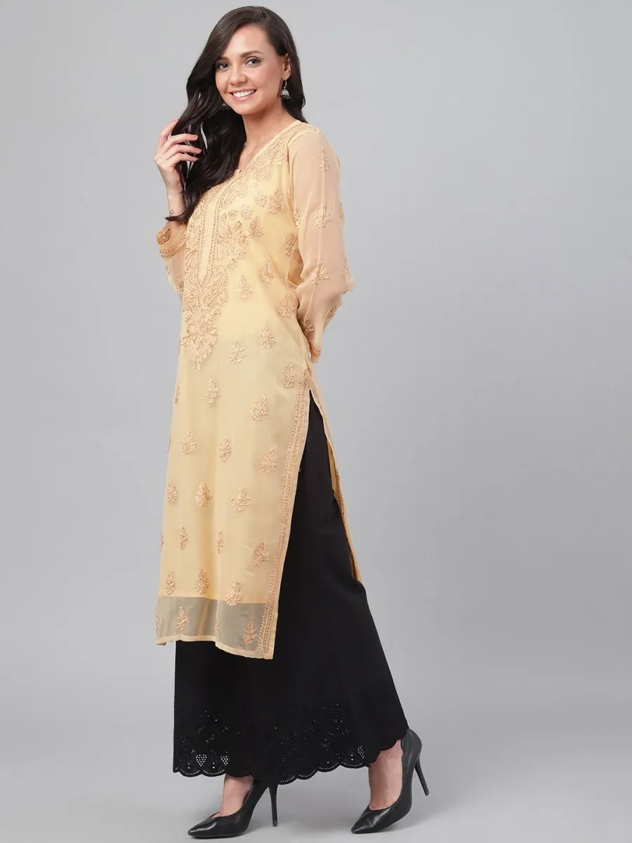 ADA Women Beige Chikankari Hand Embroidered Straight Sustainable Handloom Kurta With Slip