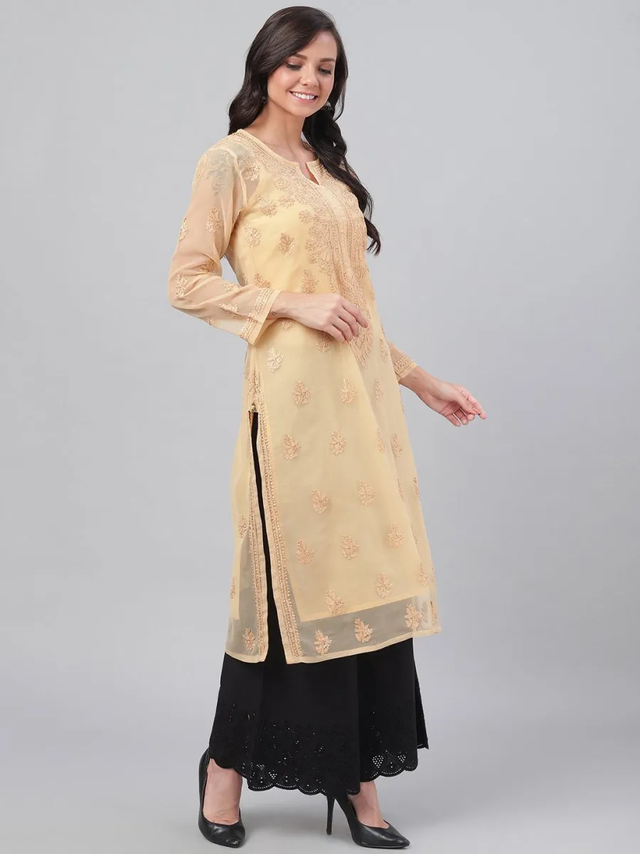 ADA Women Beige Chikankari Hand Embroidered Straight Sustainable Handloom Kurta With Slip