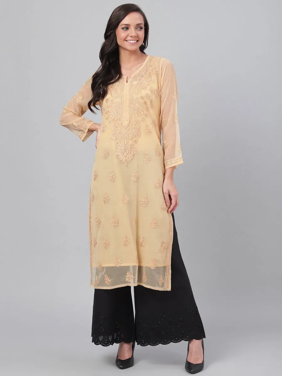 ADA Women Beige Chikankari Hand Embroidered Straight Sustainable Handloom Kurta With Slip