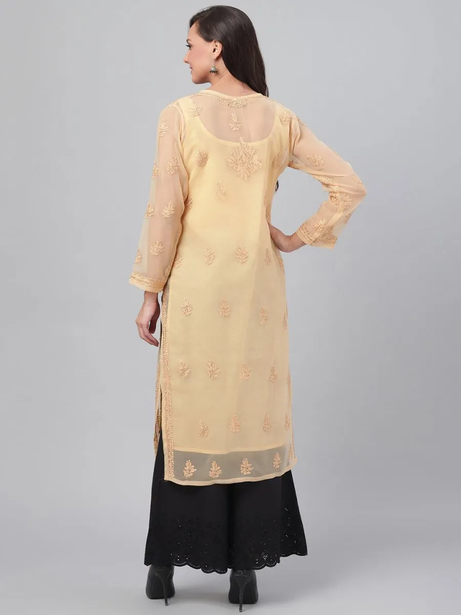 ADA Women Beige Chikankari Hand Embroidered Straight Sustainable Handloom Kurta With Slip