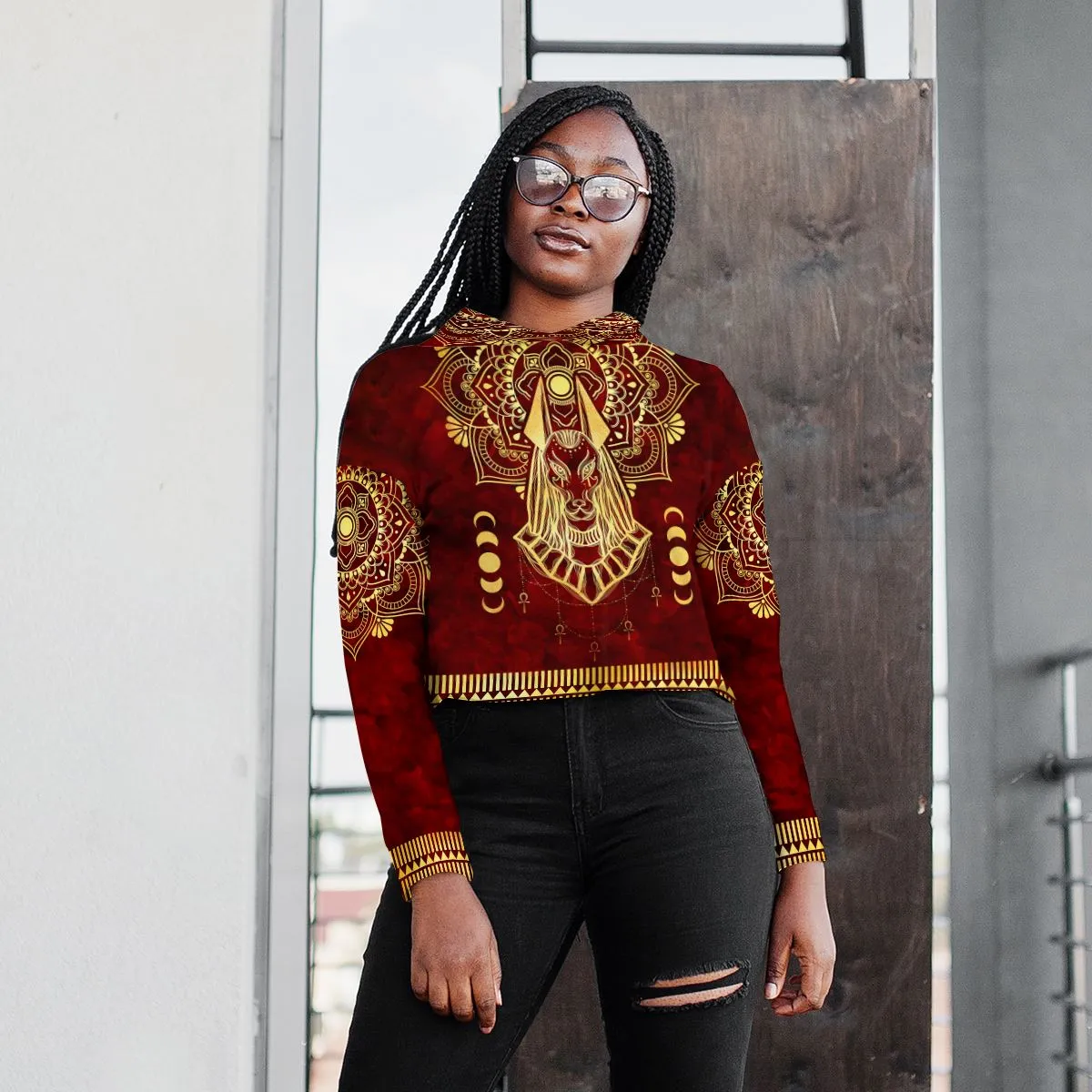 Anubis Pattern In Red Cropped Hoodie