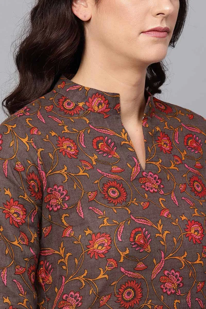 Attractive Brown Color Printed Cotton Fabric Kurti VCK1070