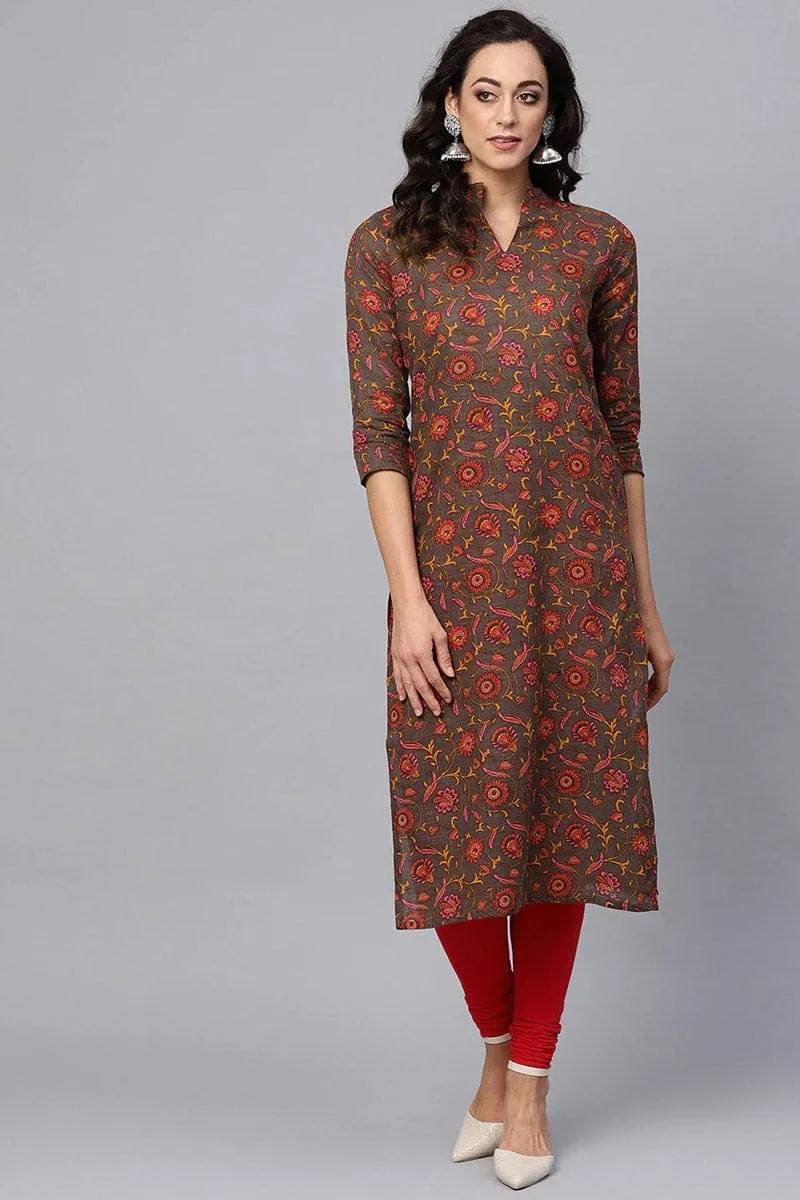 Attractive Brown Color Printed Cotton Fabric Kurti VCK1070