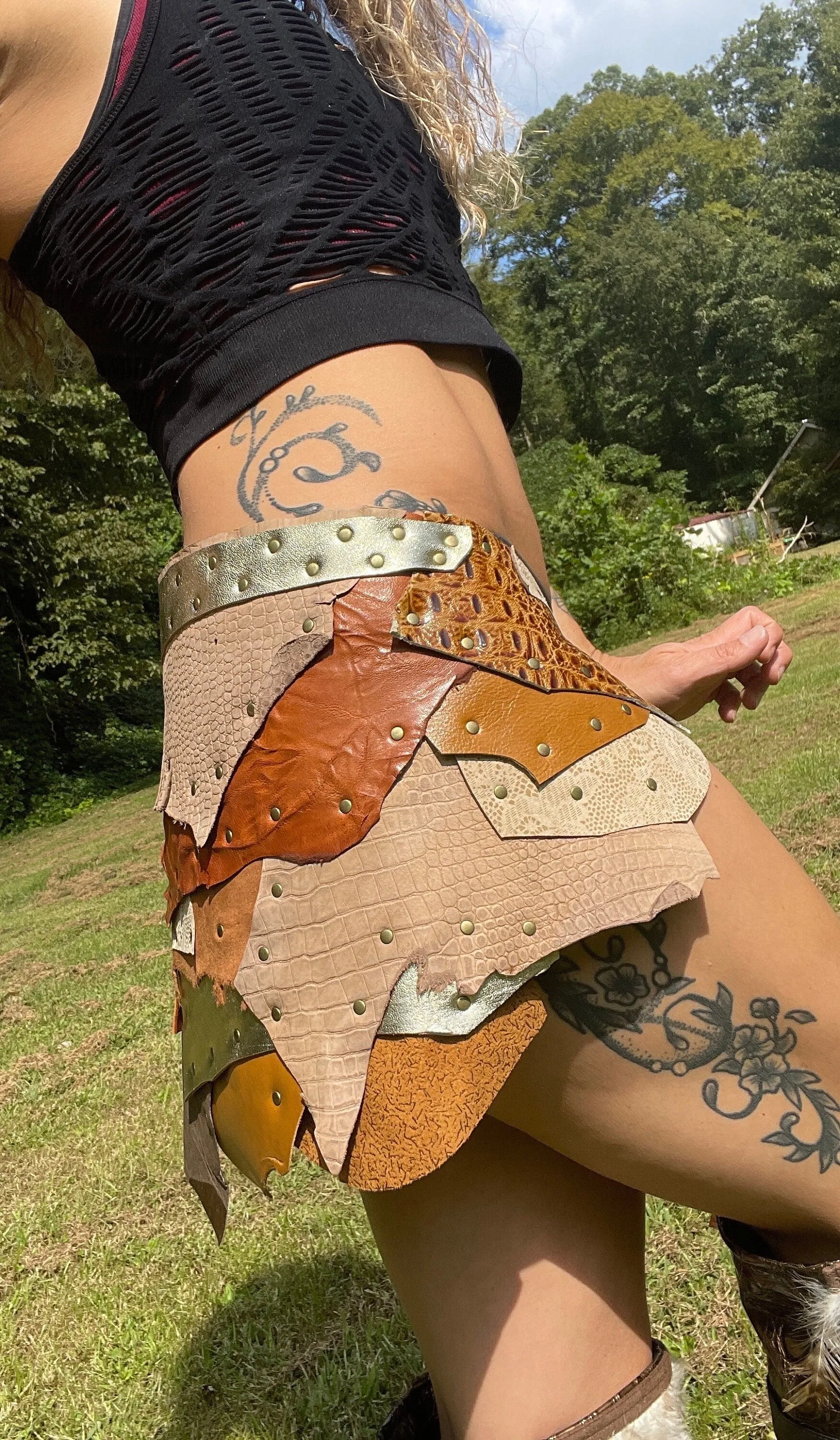 AURORA, Steampunk or Tribal Belly Dance: Leather Skirt in Earthy Brown - Stand out at Burning Man with this Warrior-inspired Attire!