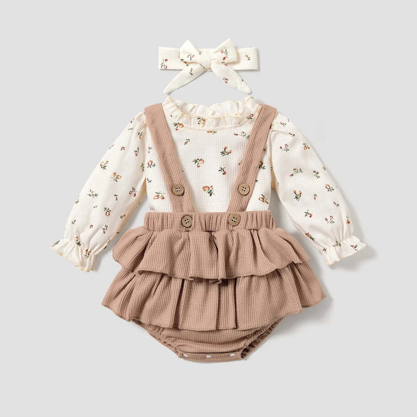 Baby Floral Print Long-sleeve Top and Ruffle Suspender Skirted Shorts Set Perfect for Outings and Daily Wear 3pcs