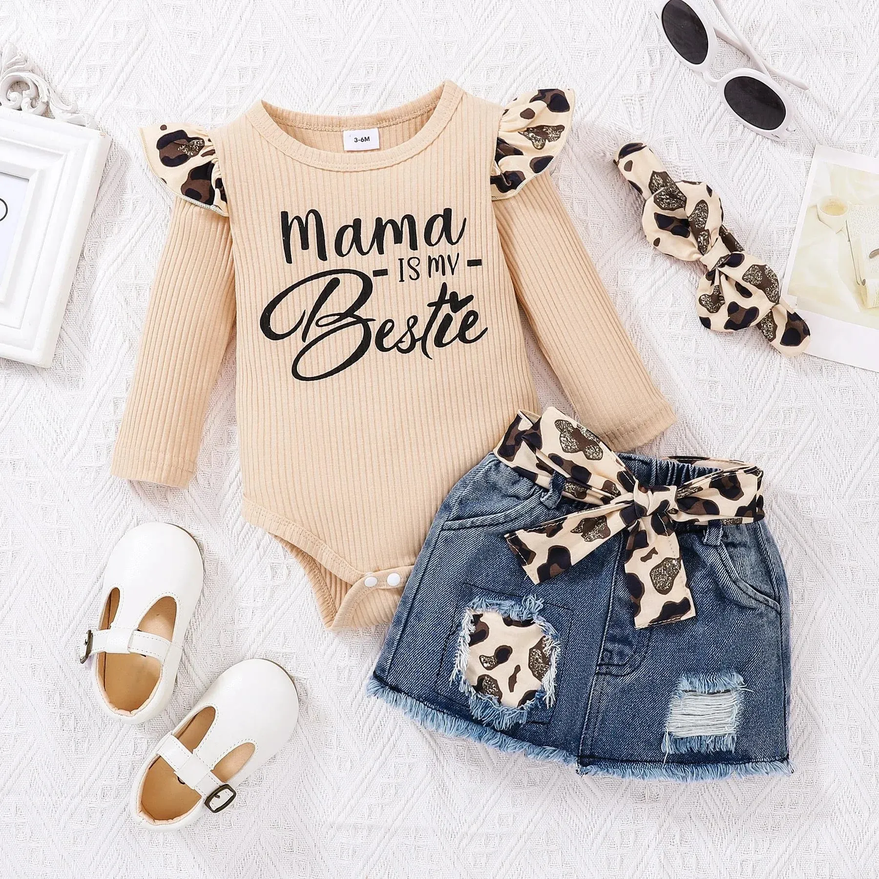 Baby Girl 100% Cotton Leopard Print Belted Ripped Denim Skirt and Letter Print Rib Knit Long-sleeve Romper 3pcs