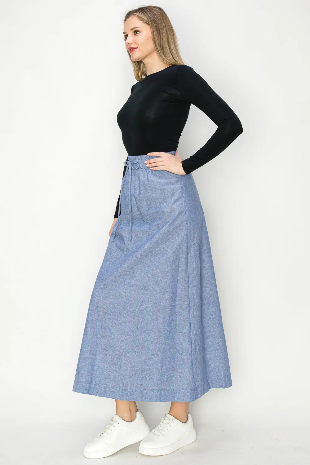 Batya Cotton Oxford Chambray Maxi Skirt With Draw String