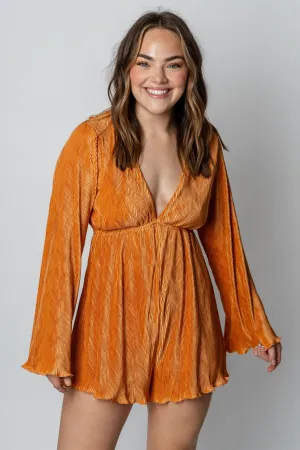 Bell sleeve pleated romper orange