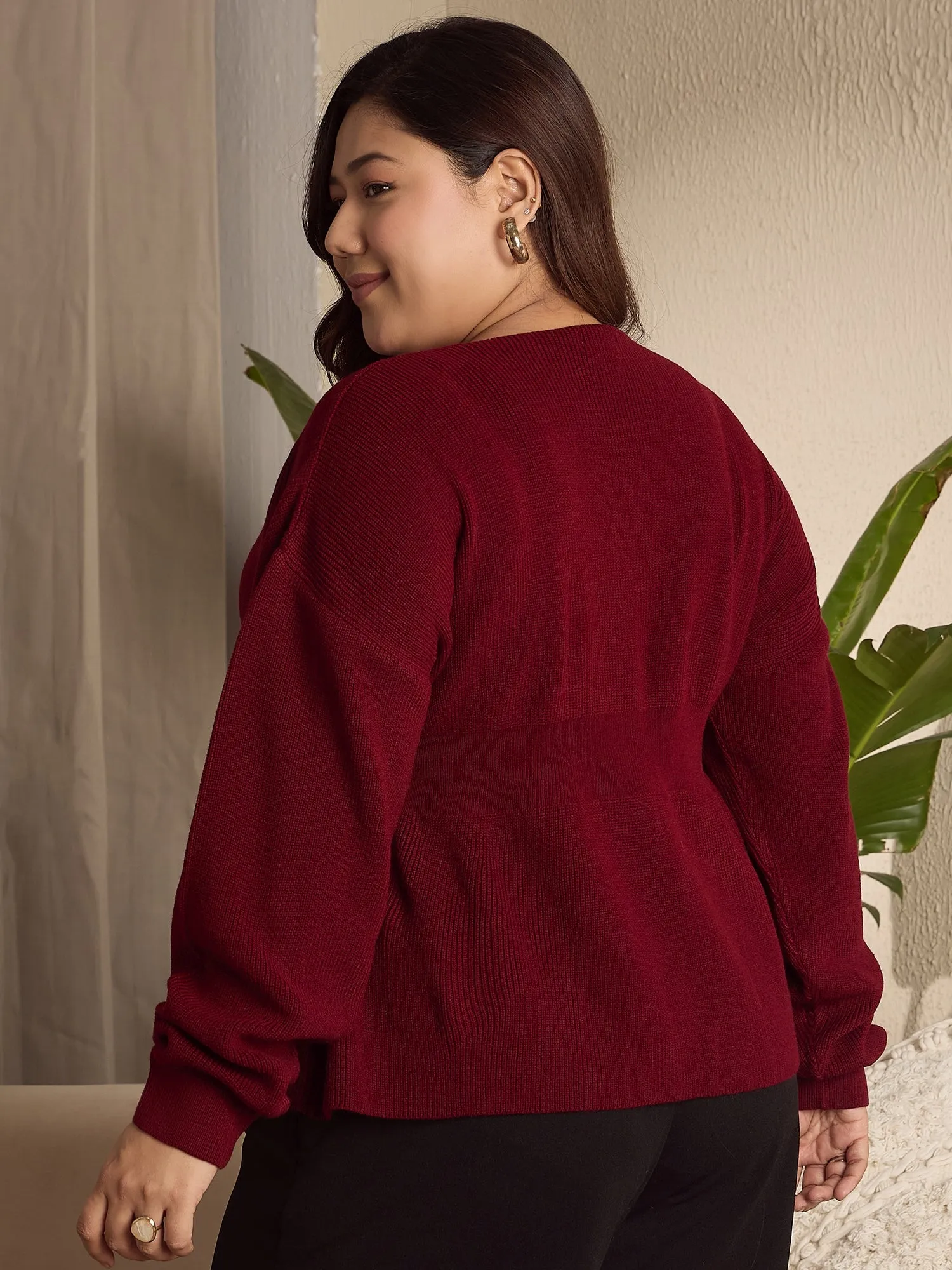 Berrylush Curve Women Solid Maroon V-Neck Drop-Shoulder Sleeves Acrylic Curved Hem Regular Peplum Pullover