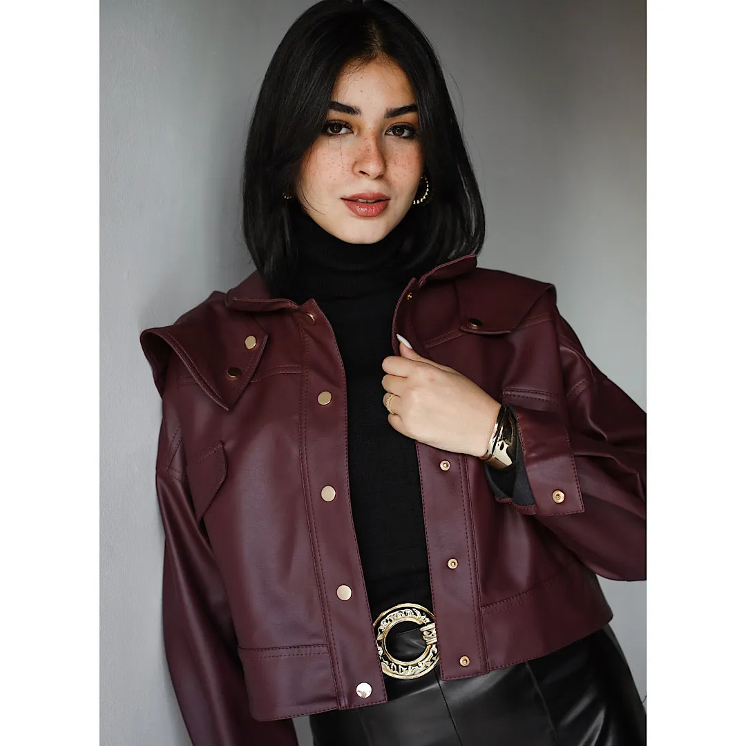 Bib collar leather jacket