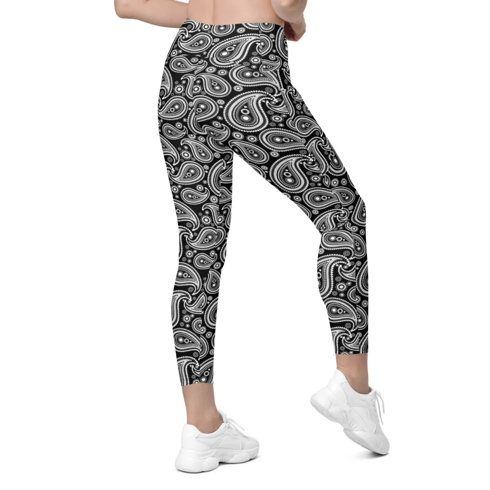 Black & White Paisley Leggings with Pockets