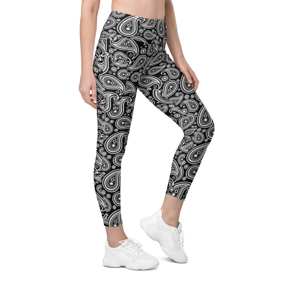 Black & White Paisley Leggings with Pockets