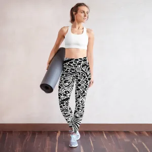 Black and White Floral Yoga Leggings, lioness-love