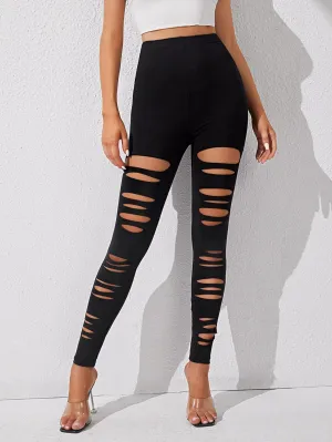 Black Cut Out Front Solid Leggings