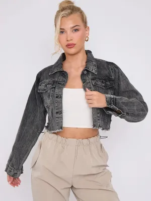 Black Denim Distressed Cropped Jacket With Pockets