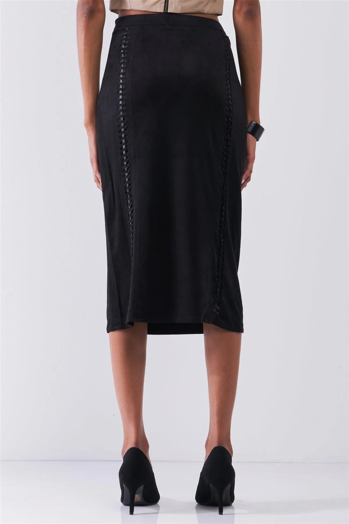 Black Suede High-Waist Side Trim Detail Pencil Fit Midi Skirt /1-2-2-1