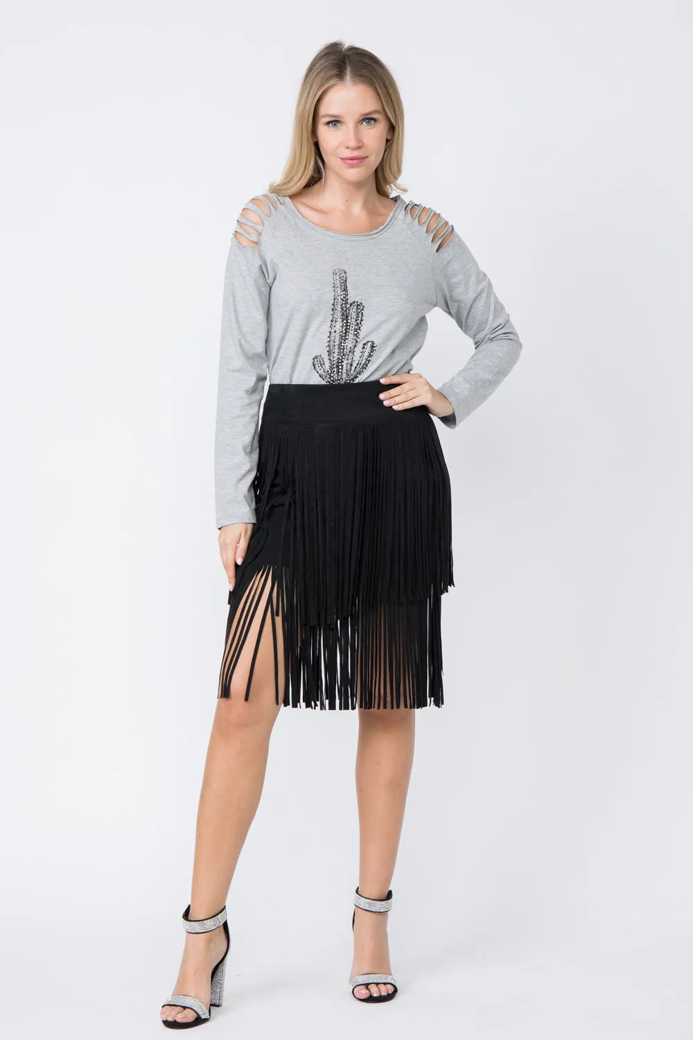 Black Ultra Suede Fringe Mini Skirt