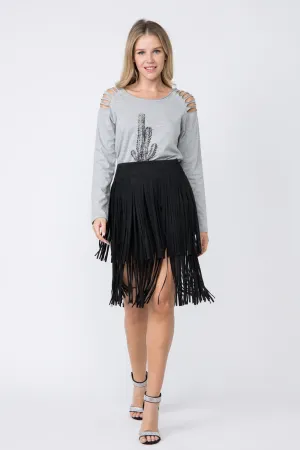 Black Ultra Suede Fringe Mini Skirt