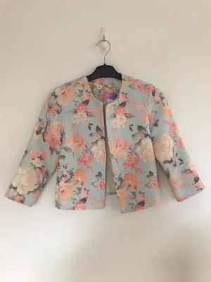 Blue & Pink Floral Cropped Open Blazer- Petite, Miss Selfridge, Size 8 (Polyester, Polyester, Viscose, Acrylic, Cotton)