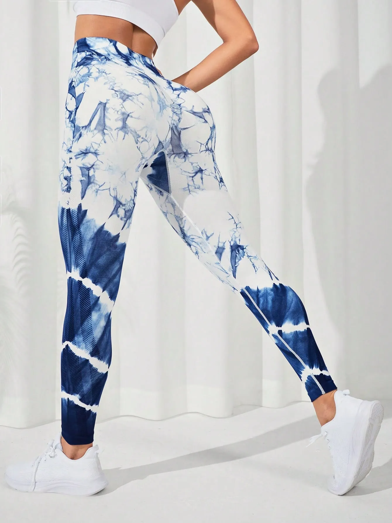 Blue White Tie Dye Tummy Control Sports Leggings