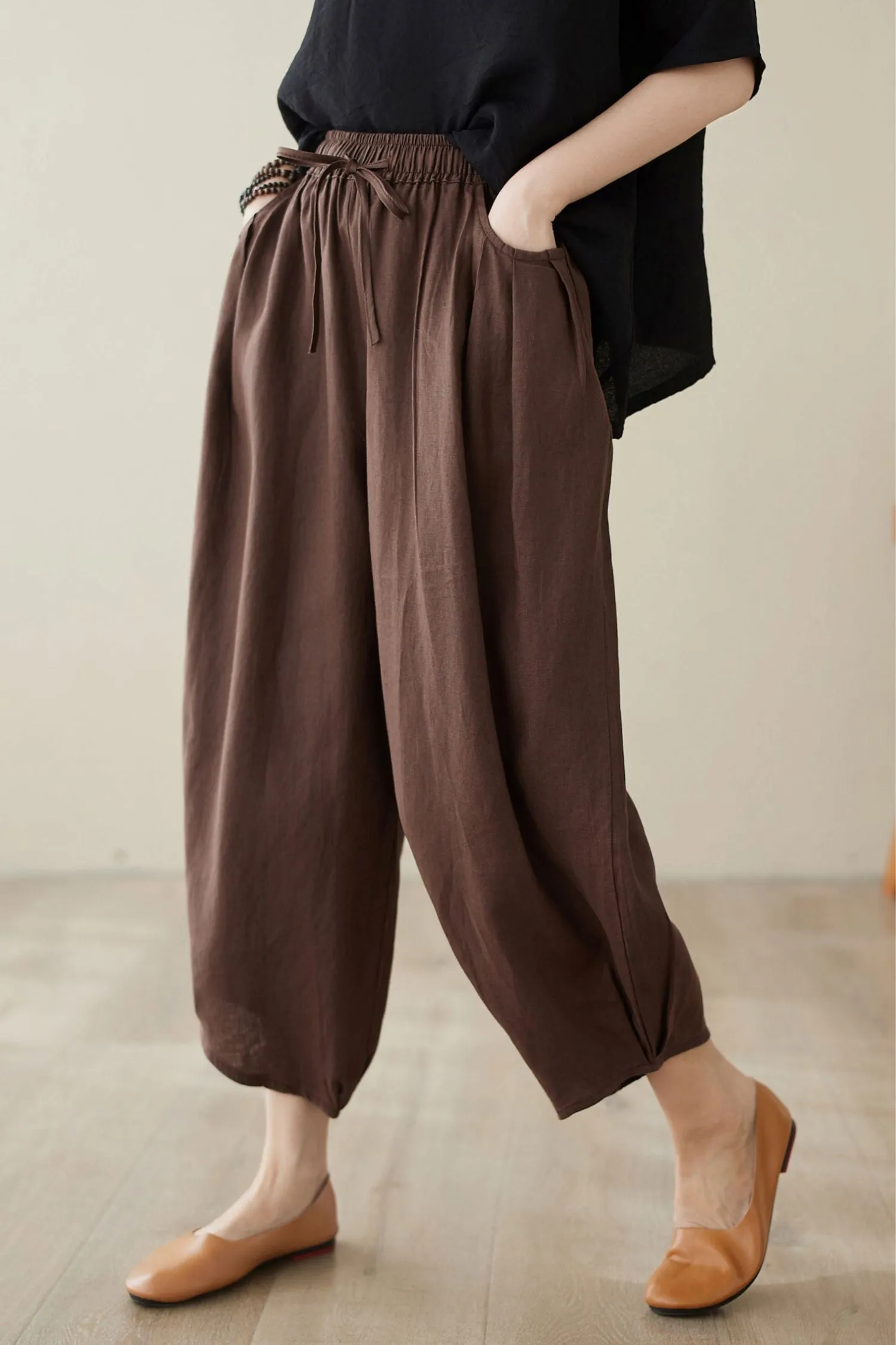 Brown linen pants women C3966