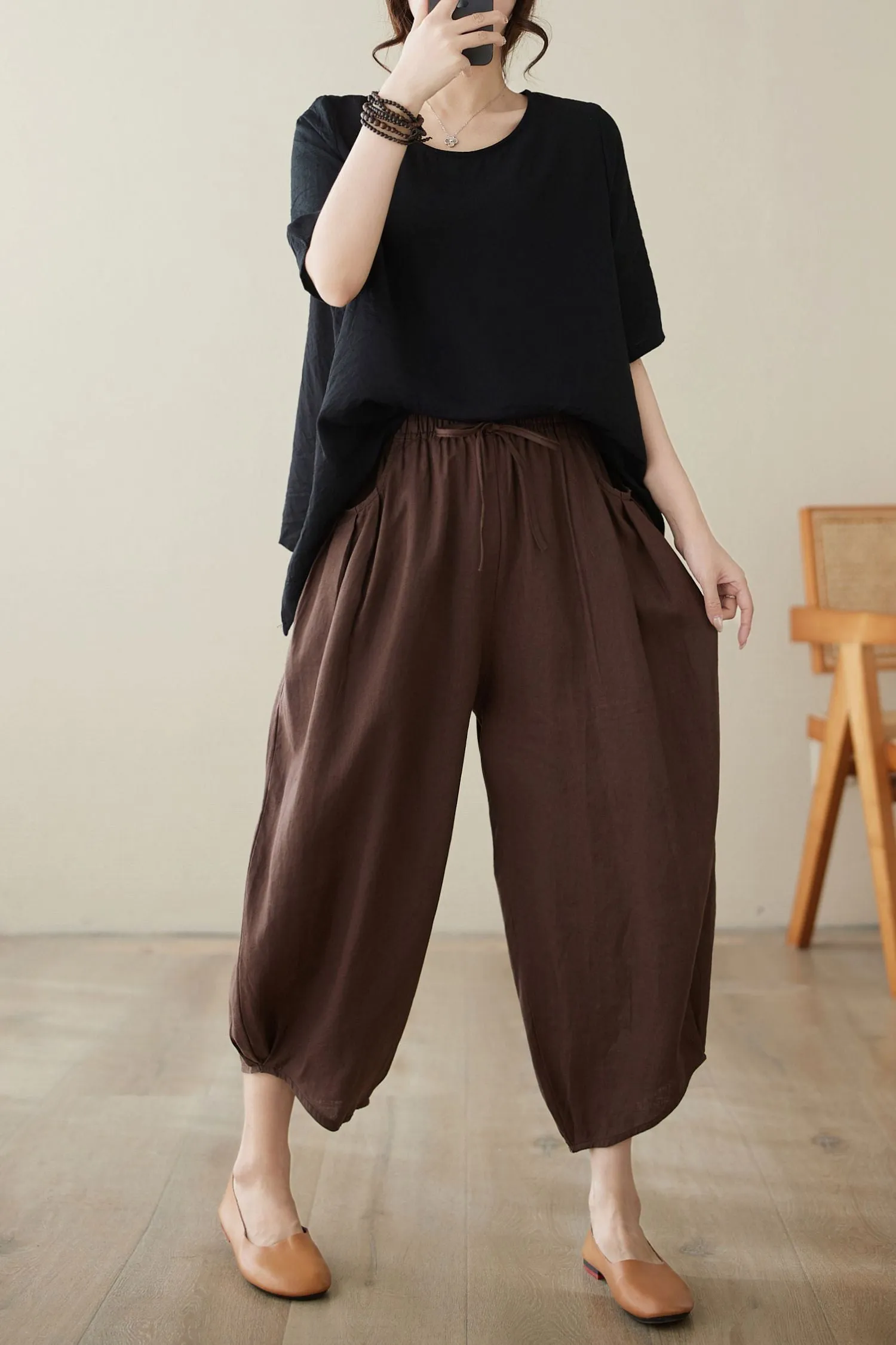 Brown linen pants women C3966