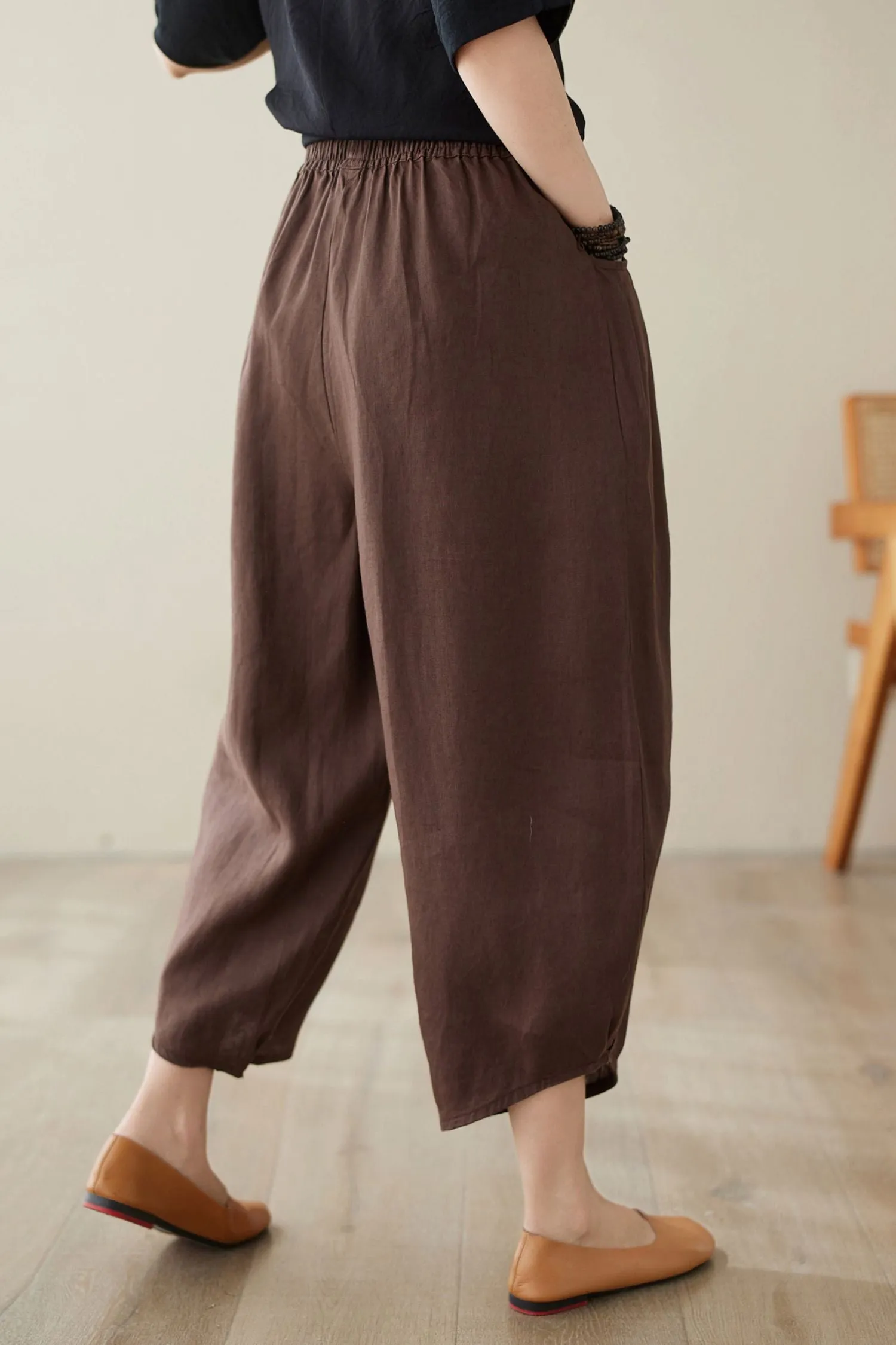 Brown linen pants women C3966