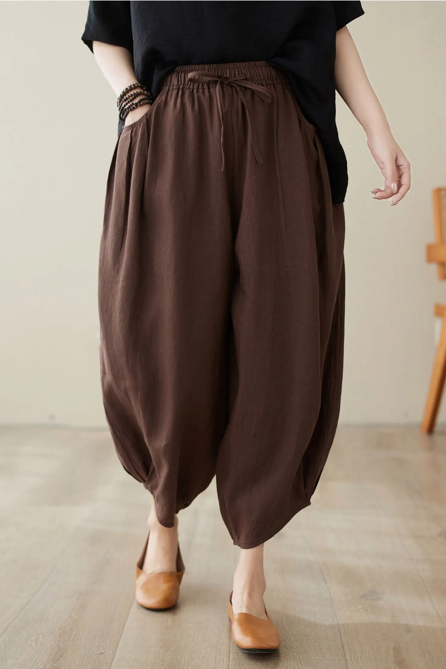 Brown linen pants women C3966