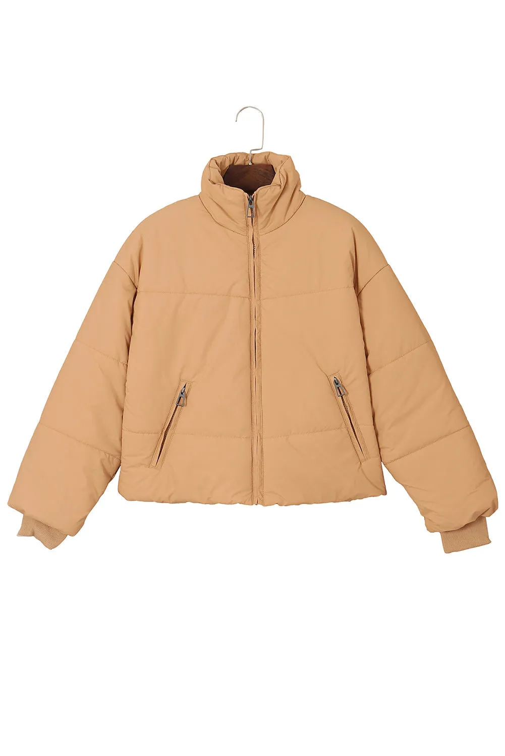 Brown Zip Up Pocketed Puffer Coat