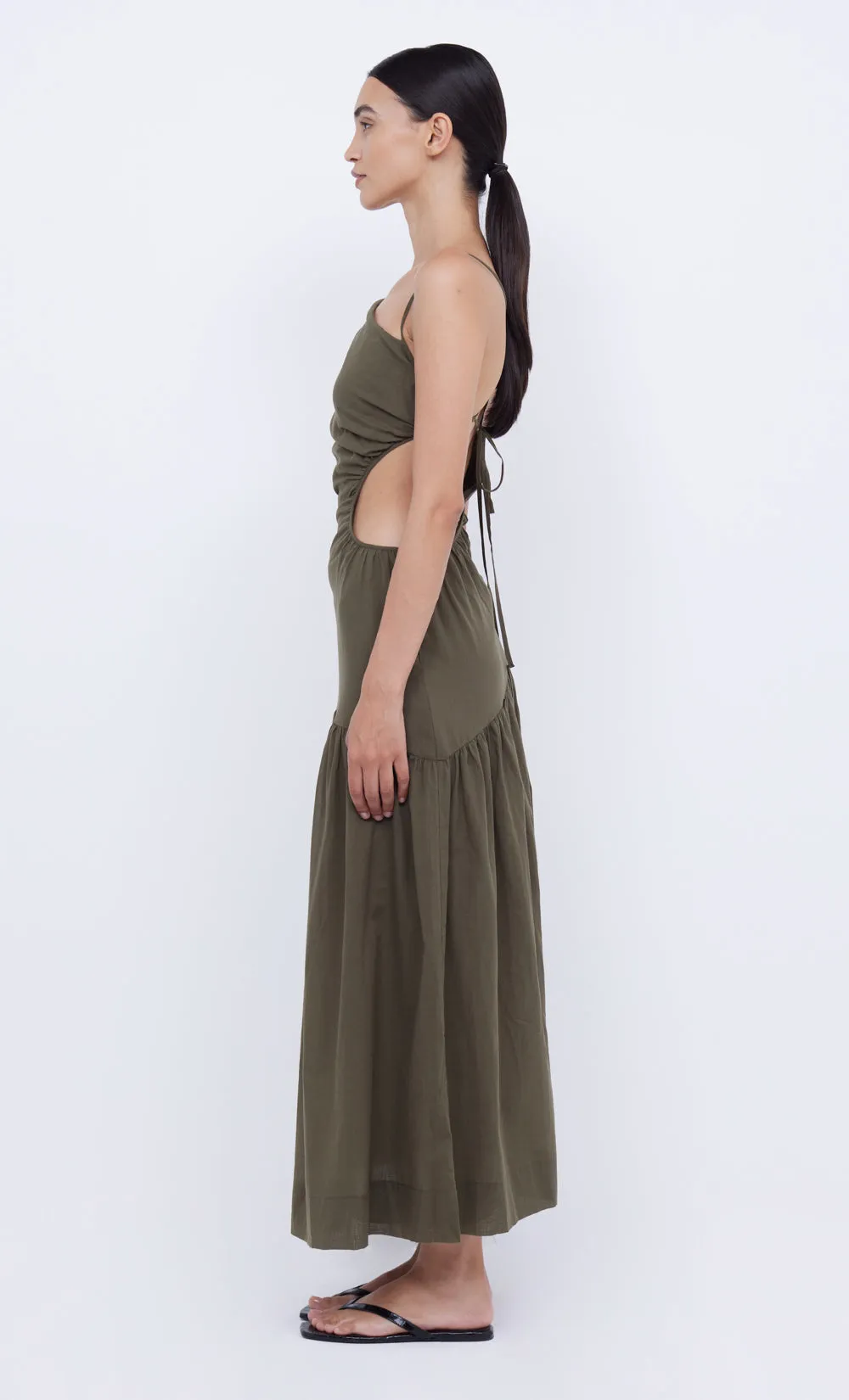 CALYPSO ASYM MAXI DRESS - OLIVE GREEN