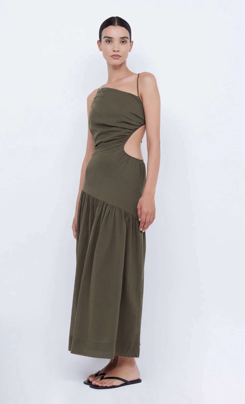 CALYPSO ASYM MAXI DRESS - OLIVE GREEN