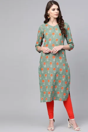 Casual Wear Cotton Fabric Sea Green Printed Trendy Kurti VCK1306