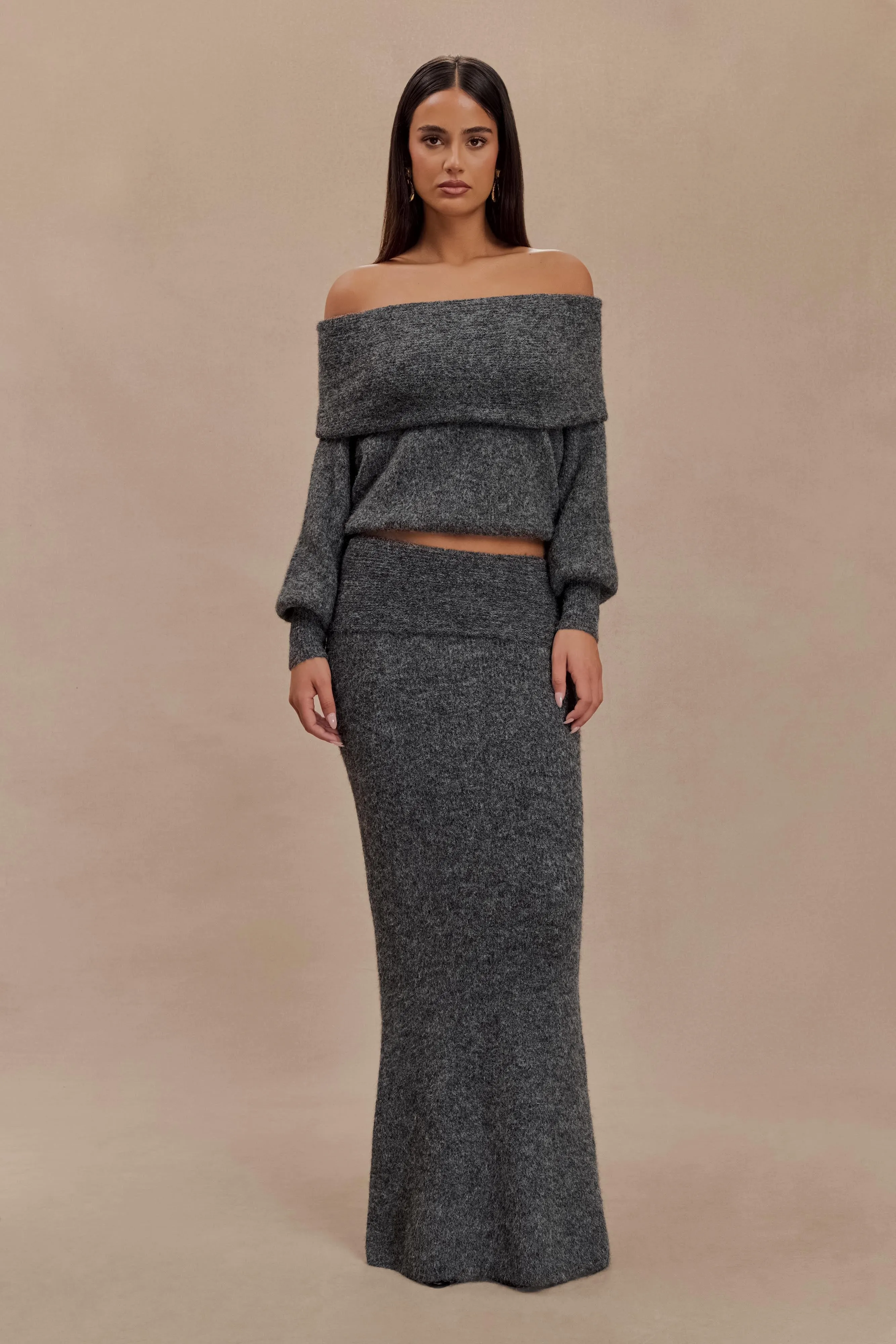 Charlotte Knit Maxi Skirt With Overlay - Charcoal