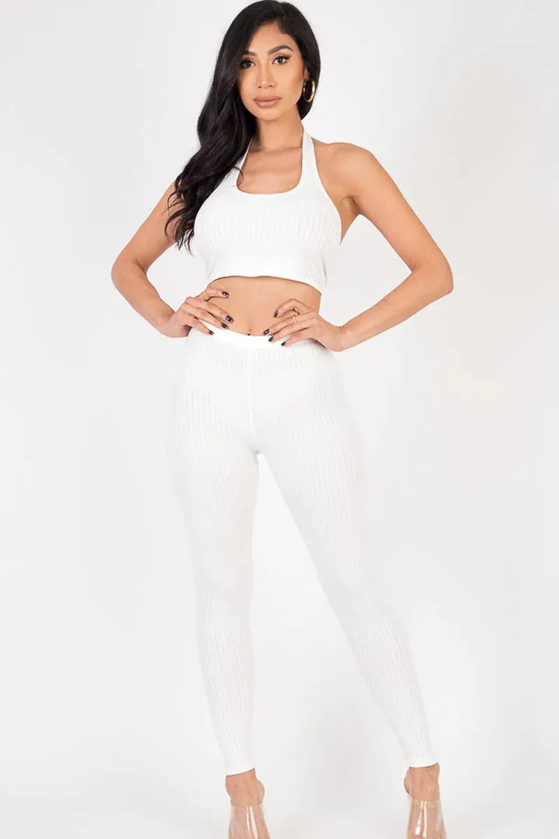 Chic Ribbed Halter Neck Crop & Leggings Ensemble (CAPELLA)