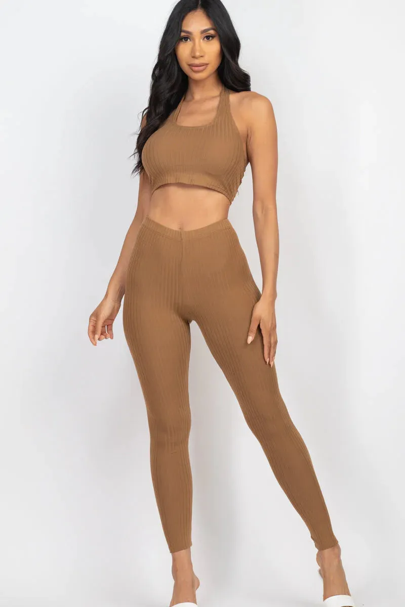 Chic Ribbed Halter Neck Crop & Leggings Ensemble (CAPELLA)