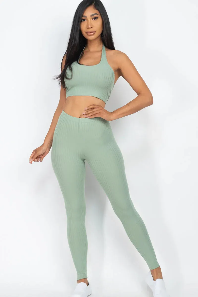 Chic Ribbed Halter Neck Crop & Leggings Ensemble (CAPELLA)