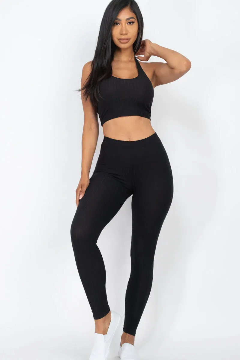 Chic Ribbed Halter Neck Crop & Leggings Ensemble (CAPELLA)