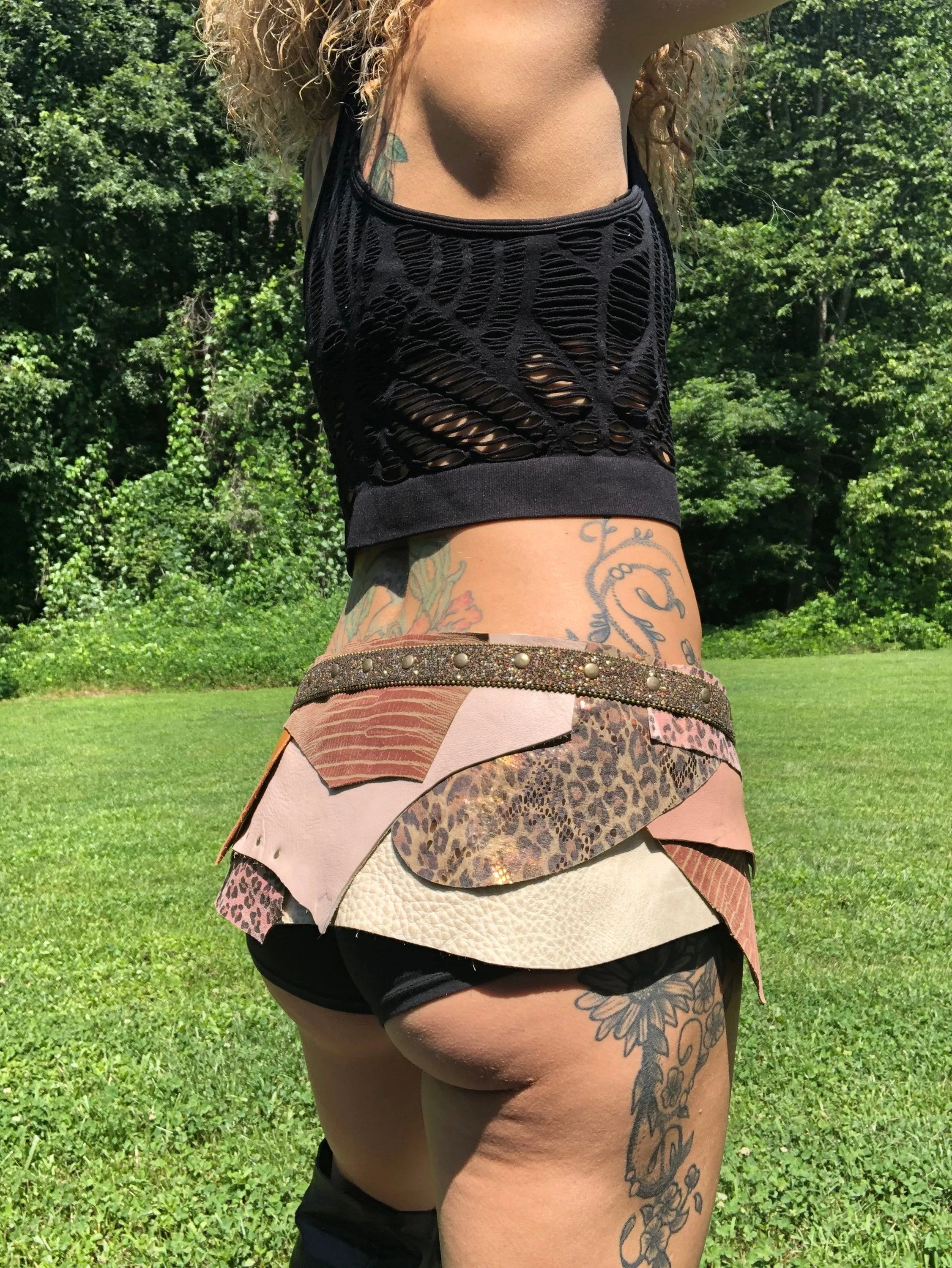 CLEARANCE, KITTY KITTY, Leather Festival Belt, Leather Utility Belt, Earthy Goddess Rave Skirt, Belly dance belt