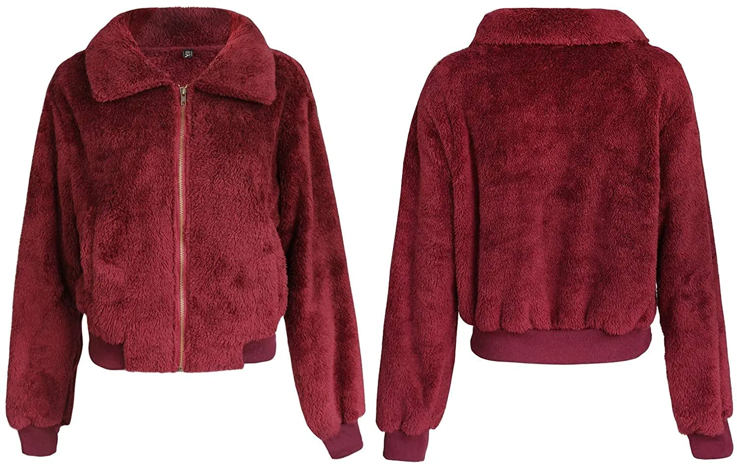 Cropped Furry Wine Red Zip Up with Pockets Warm Winter Jacket