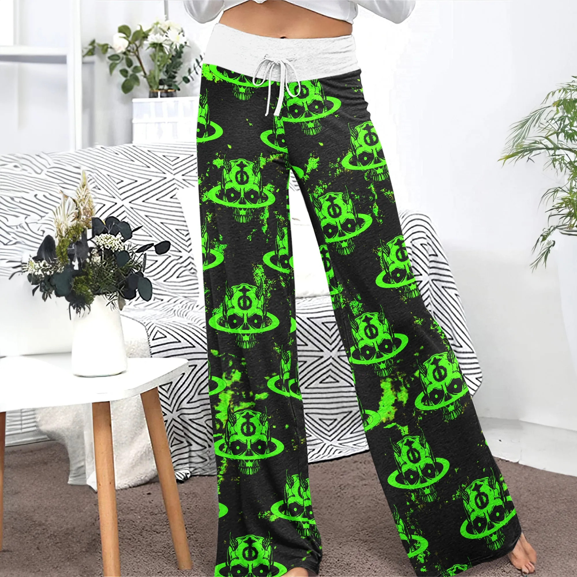 Dark Green Devil Art Women's High-waisted Wide Leg Pants