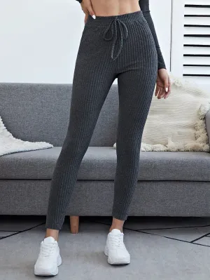 Dark Grey Knot Front Rib-knit Leggings