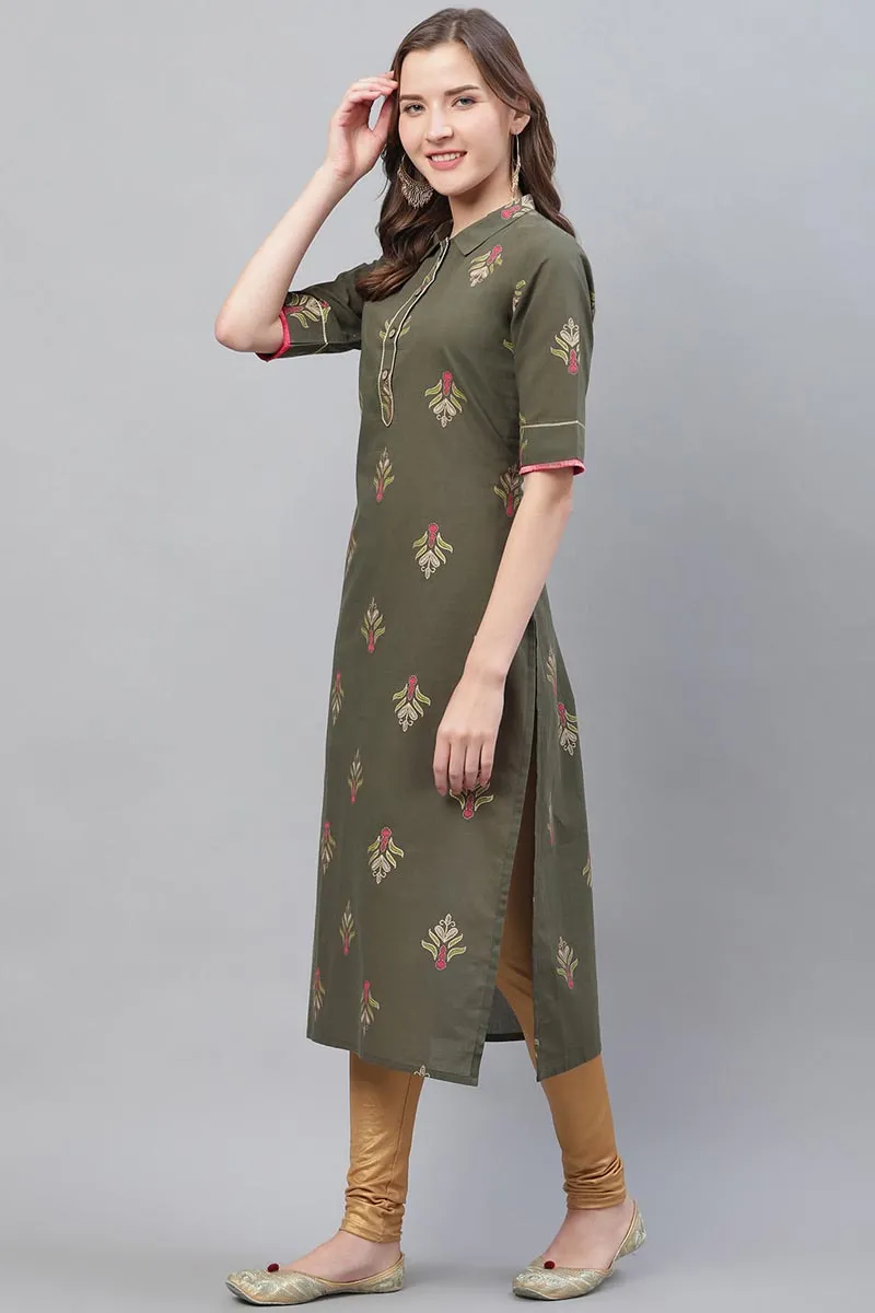 Dark Olive Green Occasion Wear Printed Cotton Kurti VCK1554