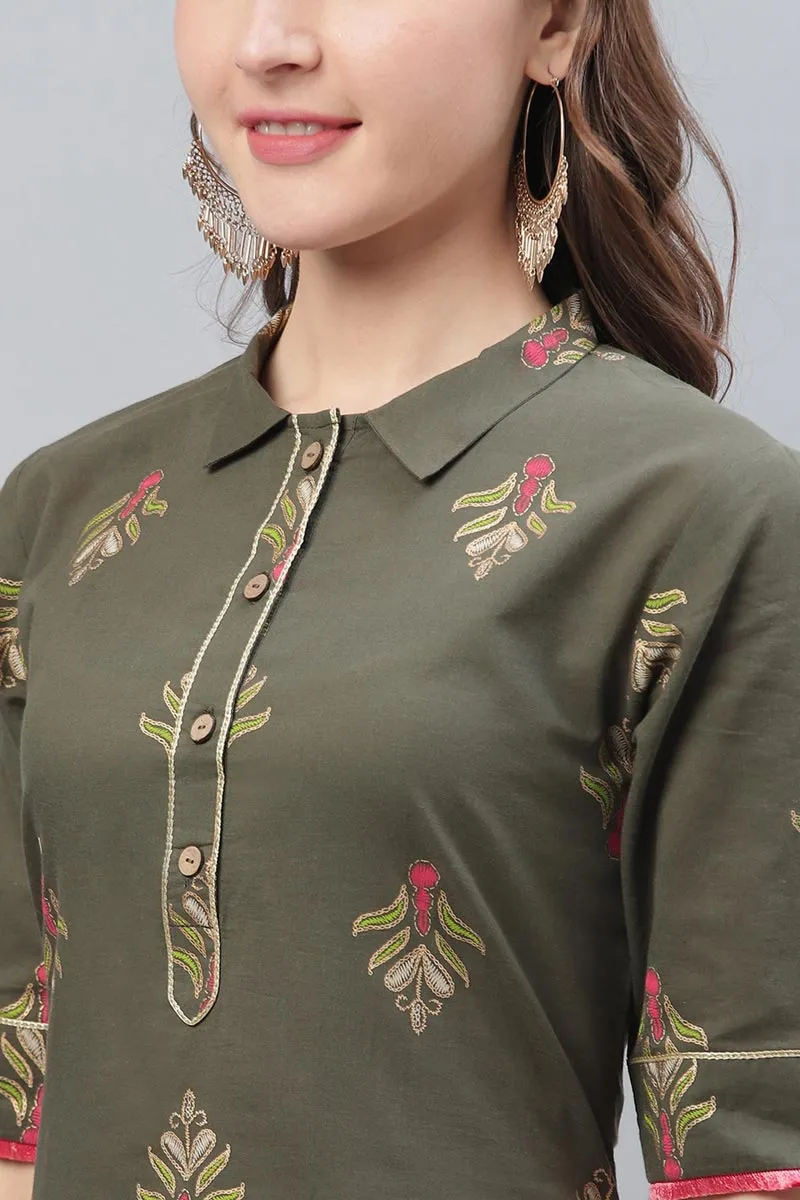 Dark Olive Green Occasion Wear Printed Cotton Kurti VCK1554